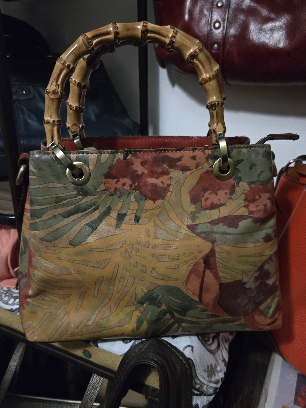 Patricia Nash Multicolor Tropical Print Satchel/ Shoulder Bagwith Bamboo Handles